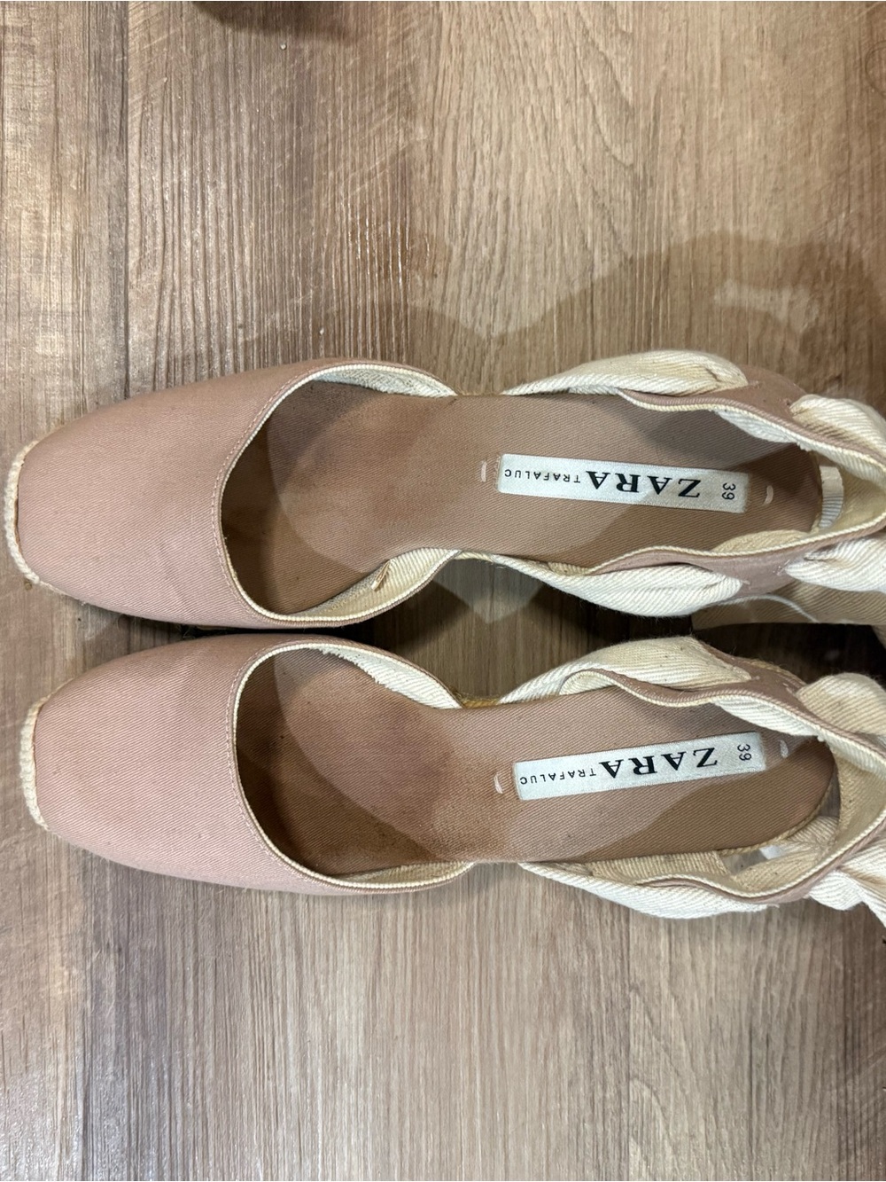 ZARA Taupe Canvas Espadrille Wedge Sandals with Ankle Wrap - Picture 7 of 9